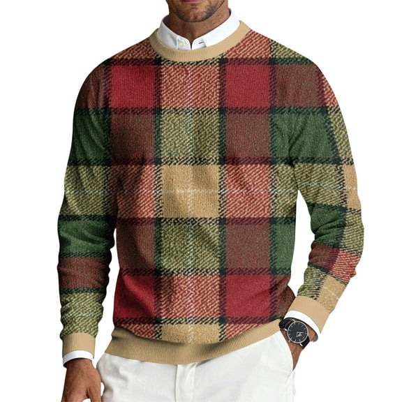 CCRFTGI Mens Sweaters 2025 Fashion Big and Tall Ribbed Plaid Pullover Trendy Long Sleeve Crewneck Sweater Pullover Knit Pullover Top Wine 2XL
