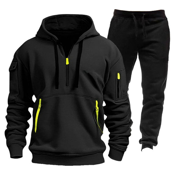 CCRFTGI Mens Sweatsuit 2 Piece Outfit Fall Jogging Athletic Zip Up Tracksuit Sets Vintage Oversized 2 Piece Set for Men with Pockets Black XL