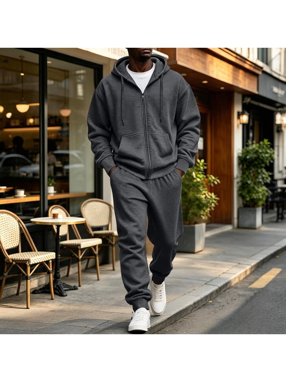 Mens Sweatsuit Casual Sweat Suits for Men 2 Piece Jogging Suits Full Zip Hoodie and Pants Track Suits Mens Set Dark Gray L