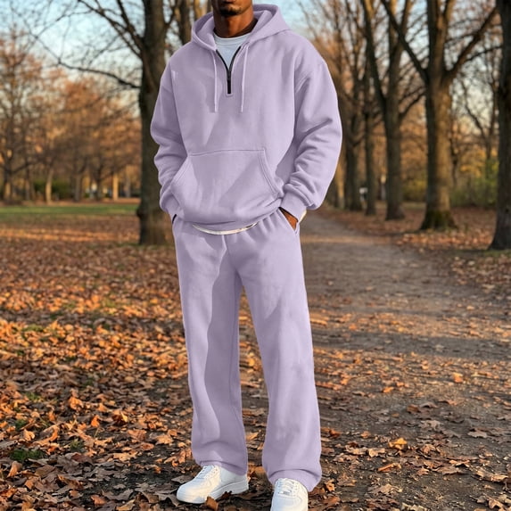 CCRFTGI Mens Track Suits 2 Piece Set Hoodie and Sweatpants Outfits Casual Athletic Pullover Jogging Suit Work Out Gym Clothing Light Purple 2XL