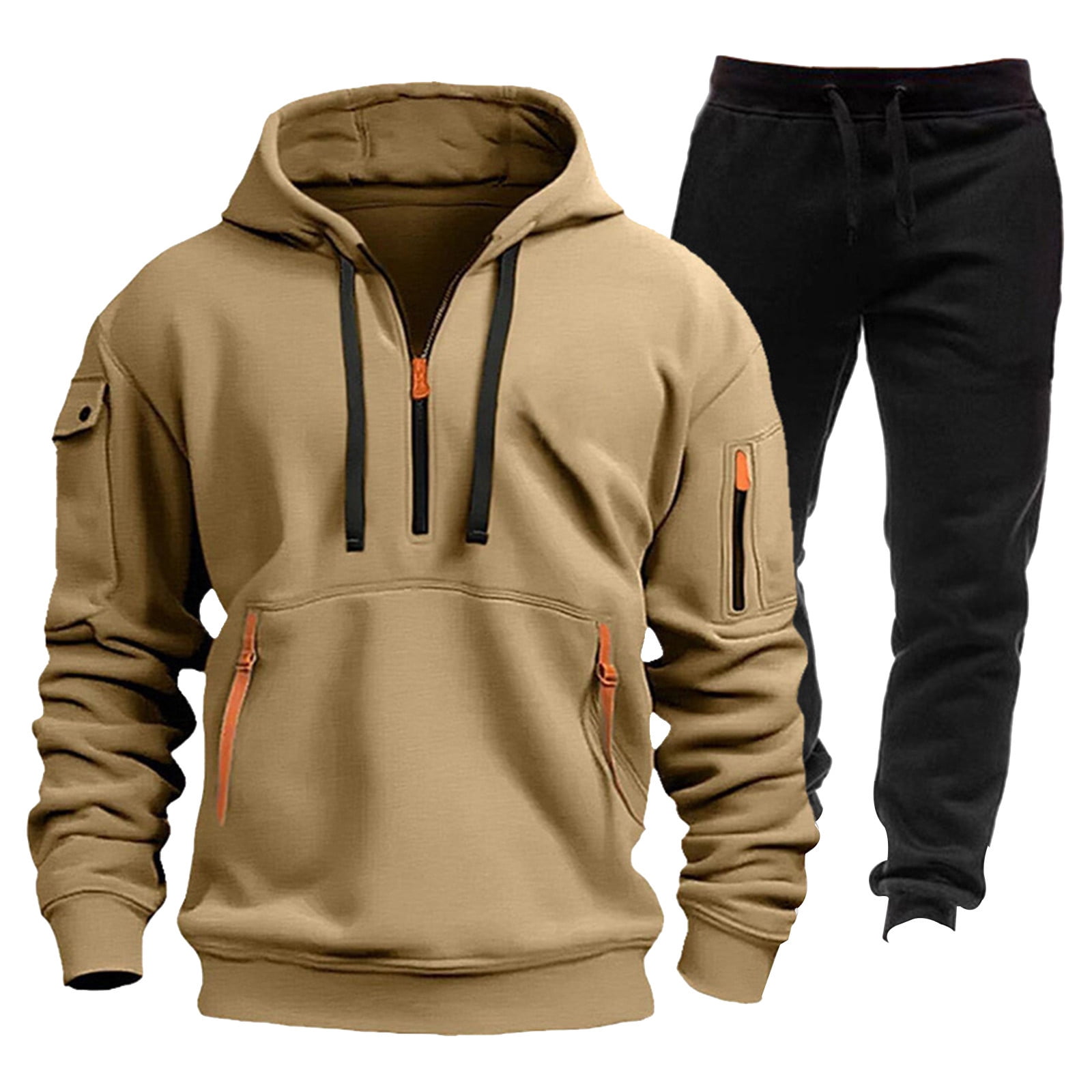CCRFTGI Mens Tracksuit 2 Piece Set Big and Tall Fashion Tracksuit Sets Fall Winter Sports 2 Piece Set for Men with Pockets Khaki 3XL