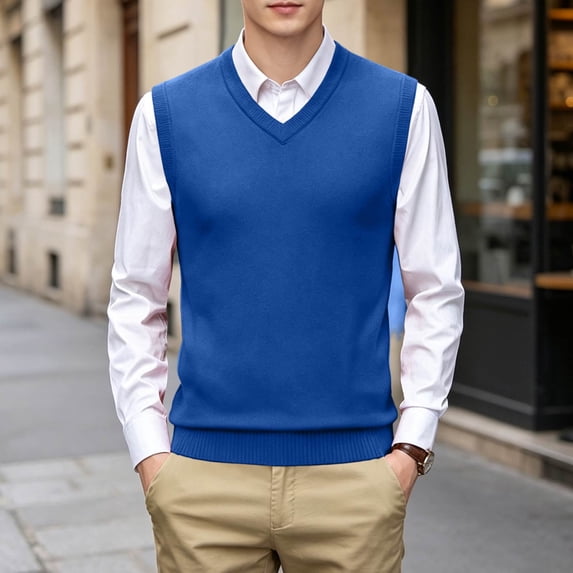 CCRFTGI Mens V-Neck Sweater Casual Sleeveless Knitted Pullover Business Lightweight Fall Fashion Sweater Vest Royal Blue 2XL