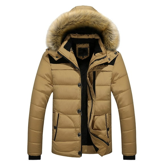 CCRFTGI Mens Winter Coats Casual Insulated Thicken Quilted Puffer Jacket Warm Heavy Parka Down Jacket with Faux Fur Non-Removable Hood Khaki M