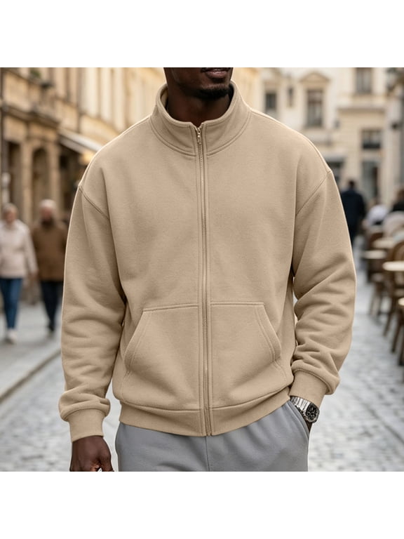 Mens Zip Up Sweatshirt Mock Neck Big and Tall Casual Long Sleeve Jacket Fall Winter Sweatshirts for Men Khaki XXXL
