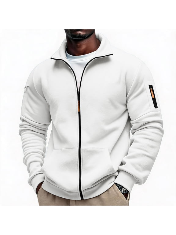 Mens Zip Up Sweatshirt Mock Neck Casual Athletic Warm Sweater Jacket Fall Fashion Sweatshirts for Men White L