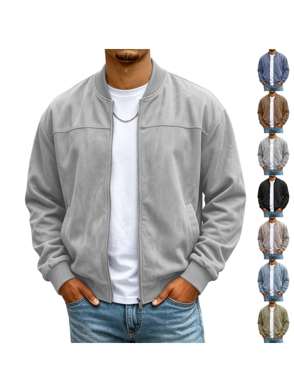 Mens Zip Up jacket Bomber Big and Tall Casual Flight Windbreaker Fall Outerwear Coat Light Gray S