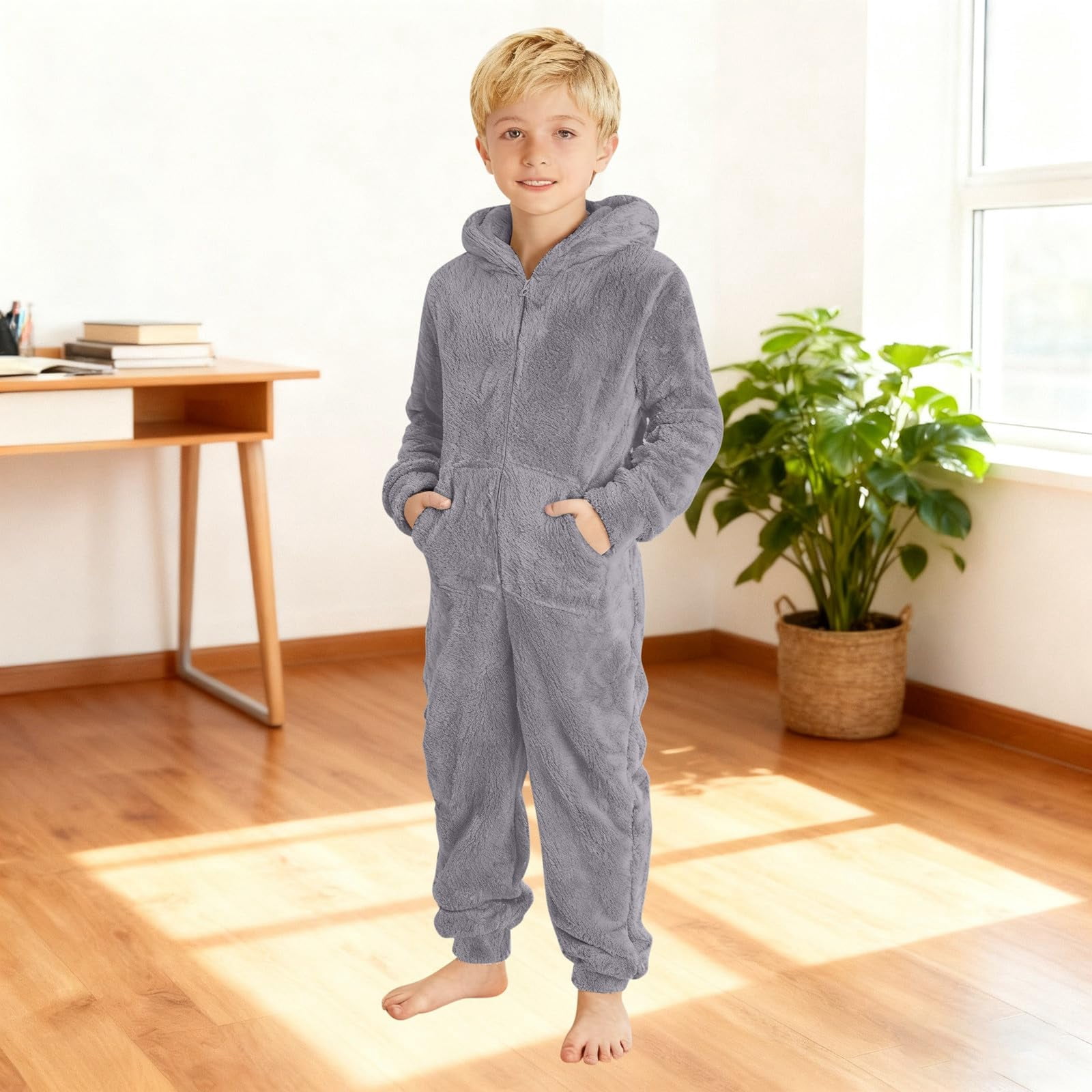CCRFTGI Onesie Fleece Jumpsuit for Child Boys Girls Size 8 Fuzzy Zip Up Hooded Rompers Sherpa Girls Fashion Winter Warm Preppy Clothes Gray 7-8 Years