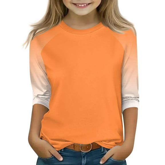 CCRFTGI Orange Top for Girls 2025 Summer Raglan 3/4 Length Sleeve Crew Neck Shirt Casual Gradient Tops Going Out Lightweight Tops & Blouses,Orange 6-7 Years