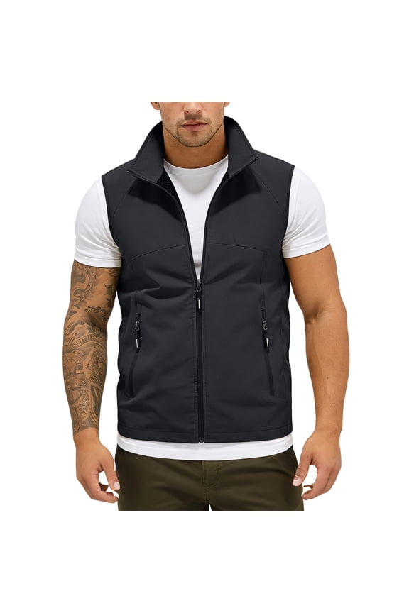 Outdoor Vest for Men Casual Lightweight Summer Fishing Golf Sleeveless Windbreaker with Pockets Running Travel Hiking Zip Up Jackets Black XXL