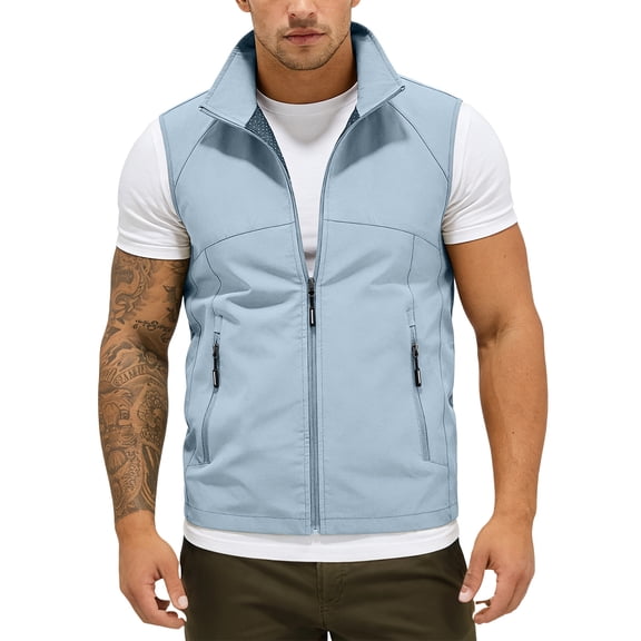 CCRFTGI Outdoor Vest for Men Casual Lightweight Summer Fishing Golf Sleeveless Windbreaker with Pockets Running Travel Hiking Zip Up Jackets Light Blue S