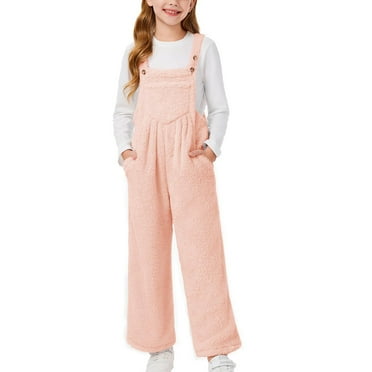 CCRFTGI Overalls for Teen Girls Casual Loose Fleece Bib Overalls Fall Winter Sleeveless Button Straps Overall Jumpsuit with Pockets Pink 5-6 Years