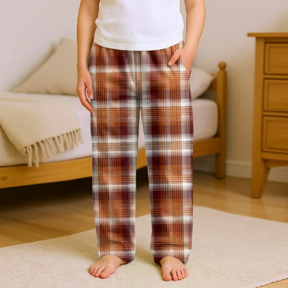 CCRFTGI Pajama Pants for Girls Boys Flannel Soft Funny Plaid Print Pj Bottoms Lounge Elastic Waist Pajamas Pants Lightweight 2025 Fashion Bottom Trousers Saffron 13-14Years