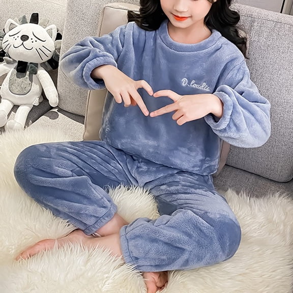 CCRFTGI Pajama Set for Boys Girls Flannel Relaxed Fit Fleece Lined Matching Pajamas Sets Size 7 Soft Warm Winter Sleepwear Pajamas Pjs Blue 3-4Y