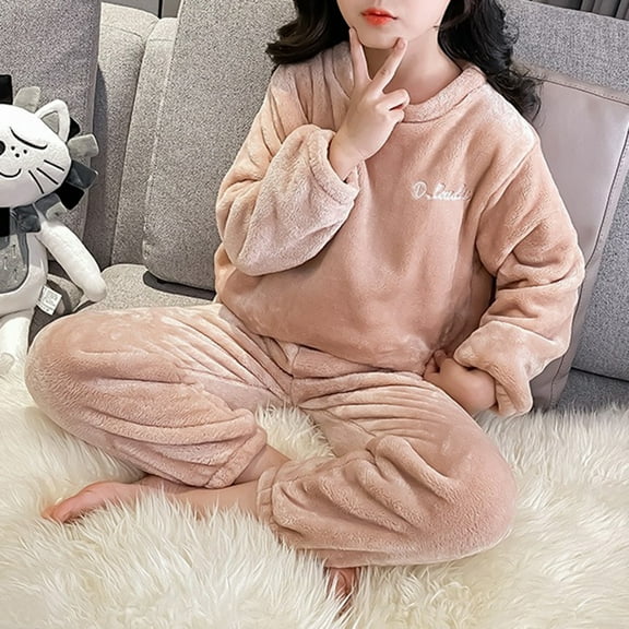 CCRFTGI Pajama Set for Boys Girls Flannel Relaxed Fit Fleece Pjs Size 3-14 Soft Warm Winter Tops pants Outfits Loungewear Pink 12-13Y