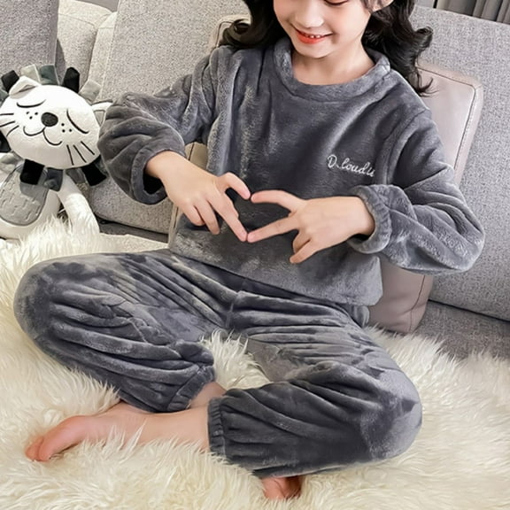 CCRFTGI Pajama Set for Boys Girls Flannel Relaxed Fit Fleece Pjs Size 7 Soft Warm Winter Tops pants Outfits Loungewear Gray 6-7Y
