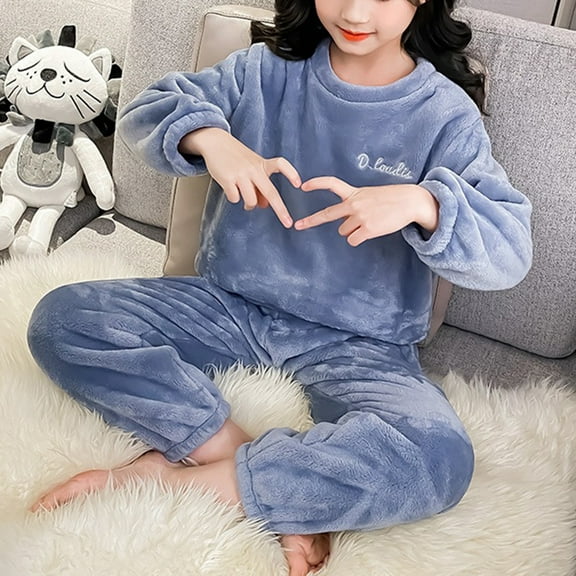 CCRFTGI Pajama Set for Boys Girls Flannel Relaxed Fit Fleece Pjs Sleepwear Size 3-14 Soft Warm Winter Tops pants Outfits Loungewear Blue 12-13Y