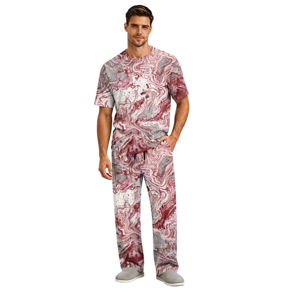 CCRFTGI Pajamas for Men Soft Breathable Loungewear Tie Dye Set Summer Short Sleeve Crew Neck Shirts Long Pants with Drawstring Light Brown 3XL