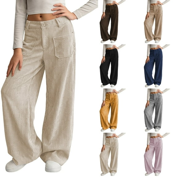 CCRFTGI Pants for Girls Size 7 Corduroy Baggy Casual High Waist Trousers Trendy Straight Adjustable Vintage Fall Winter Pants with Pockets Earthy Yellow 11-12Y