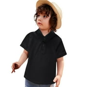 CCRFTGI Pique Polo Shirt for Toddler Boys Casual School Uniform Shirts for Teens 2025 Summer Lapel Collar Black T Shirt Plain Short Sleeve Shirt,Black 3-4 Years