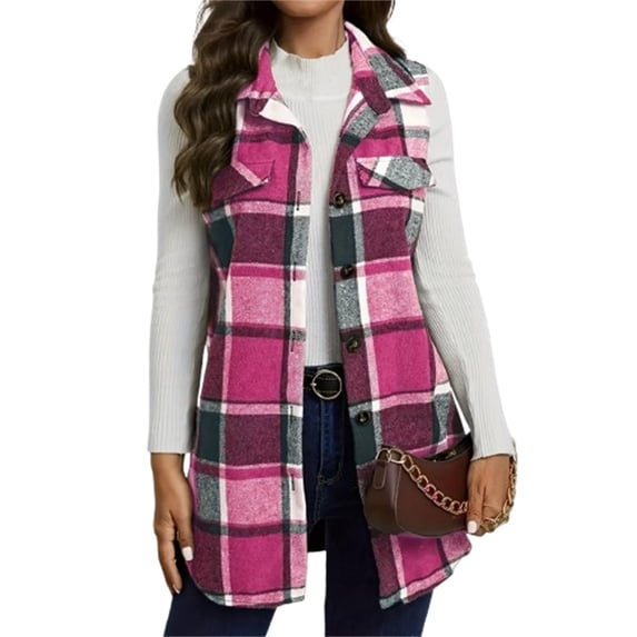CCRFTGI Plaid Vest for Women Casual Flannel Sleeveless Cardigan Vest Lapel Neck Long Button Up Cardigan Jacket Coat 2025 Fall Winter Jackets with Pockets Pink XL