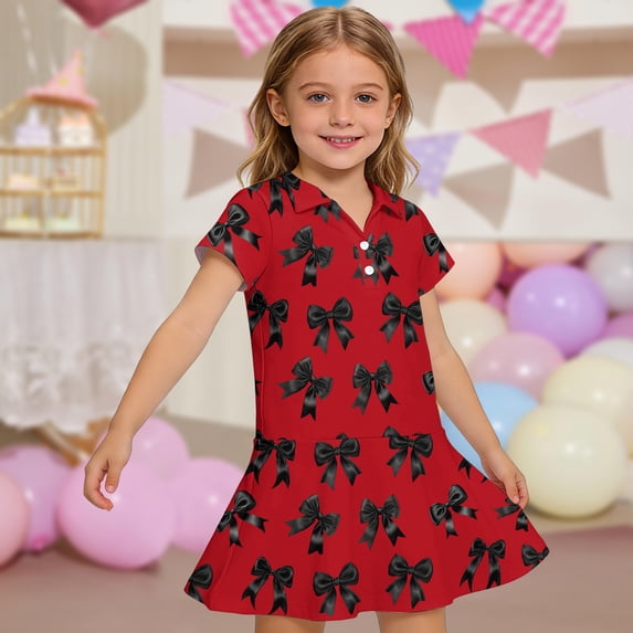 CCRFTGI Polo Dress for Kids Girls Size 10-12 School Uniform Casual Bow Print Pleated Flare Skater Polo Dresses Back To School Summer Button-Down Collar Picque Polo Dress Red 12-13 Years