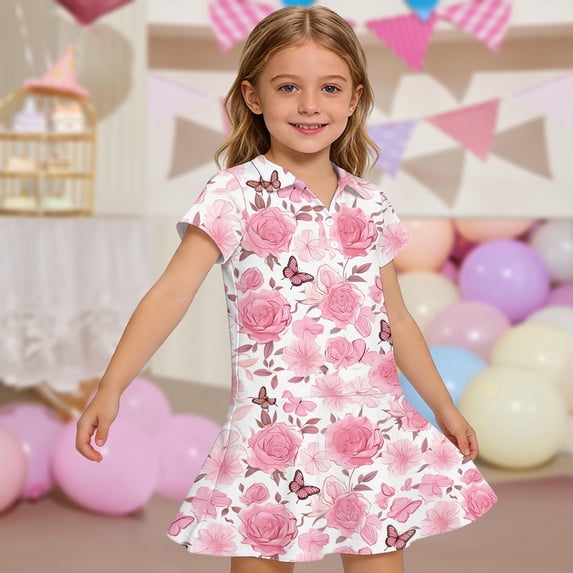 CCRFTGI Polo Dress for Kids Girls Size 6-7 Back To School Short Sleeve Uniform Cute Floral Print Pleated Flare Skater Polo Dresses Summer Button-Down Collar Pique Polo Dress Light pink 3-4 Years