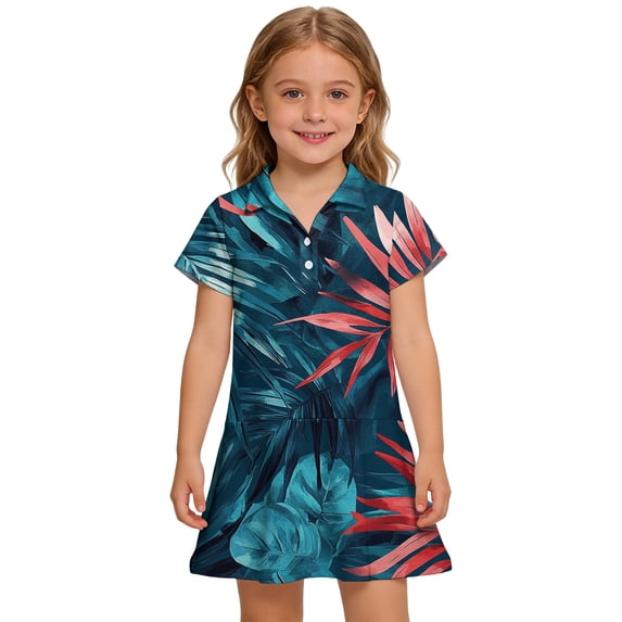 CCRFTGI Polo Dress for Kids Girls Size 6-7 Short Sleeve Uniform Cute Hawaiian Tropic Pleated Flare Skater Polo Dresses Back To School Summer Button Collared Picque Polo Dress Sky Blue 12-13 Years