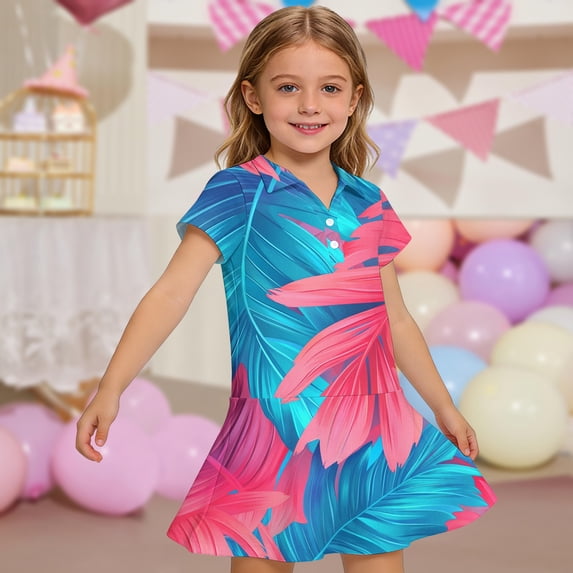 CCRFTGI Polo Dress for Kids Girls Size 6-7 Uniform Casual Hawaiian Tropic Pleated Flare Skater Polo Dresses Back To School Summer Button-Down Collar Picque Polo Dress Deep Red 5-6 Years