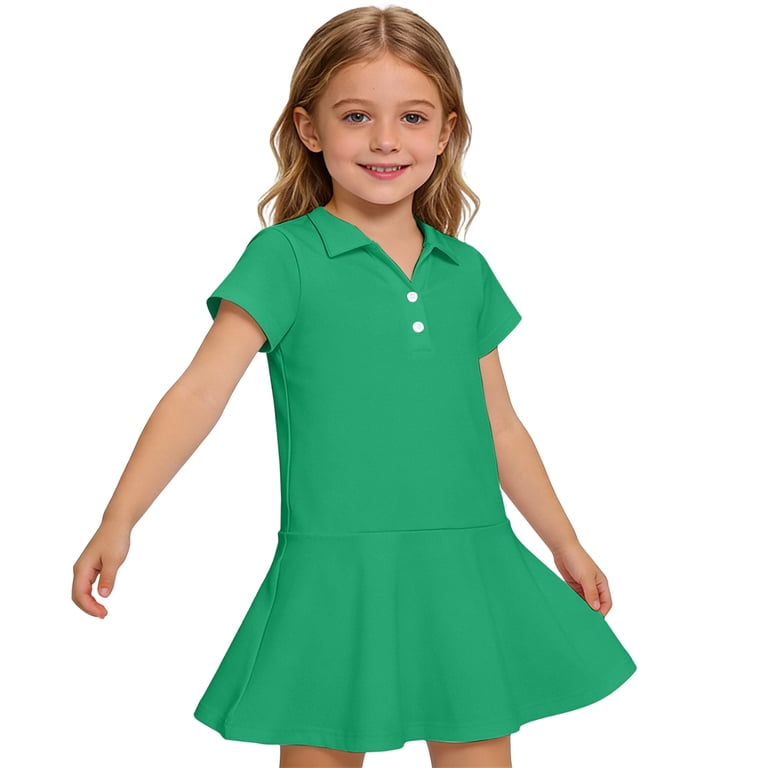 Ccrftgi Polo Dress for Kids Girls Size 7-8 Short Sleeve Uniform Cute Pleated Flare Skater Polo Dresses Summer Button Collared Pique Polo Dress Green 7