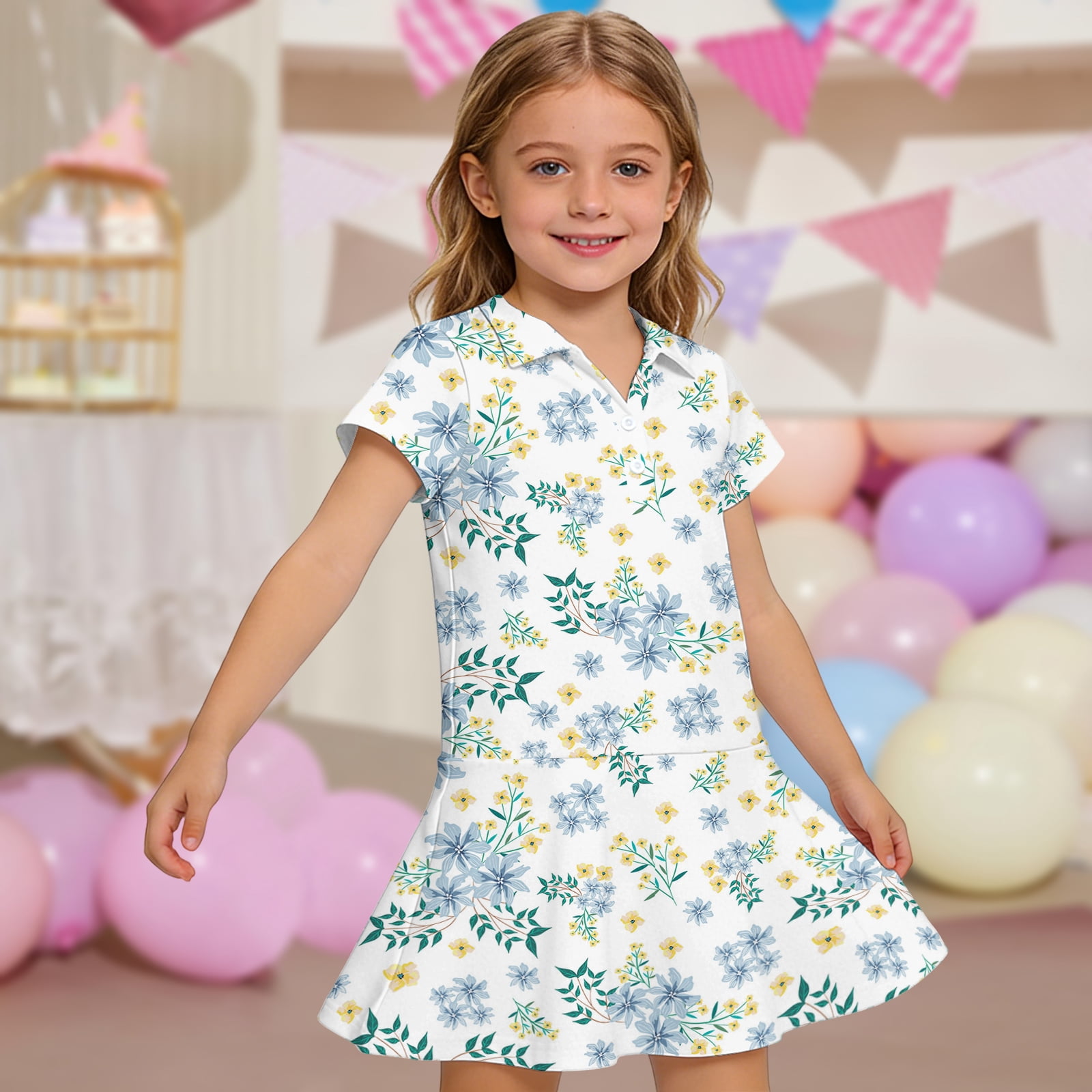 Ccrftgi Polo Dress for Kids Girls Size 7 Back To School Short Sleeve Uniform Casual Floral Print Pleated Flare Skater Polo Dresses Summer Button