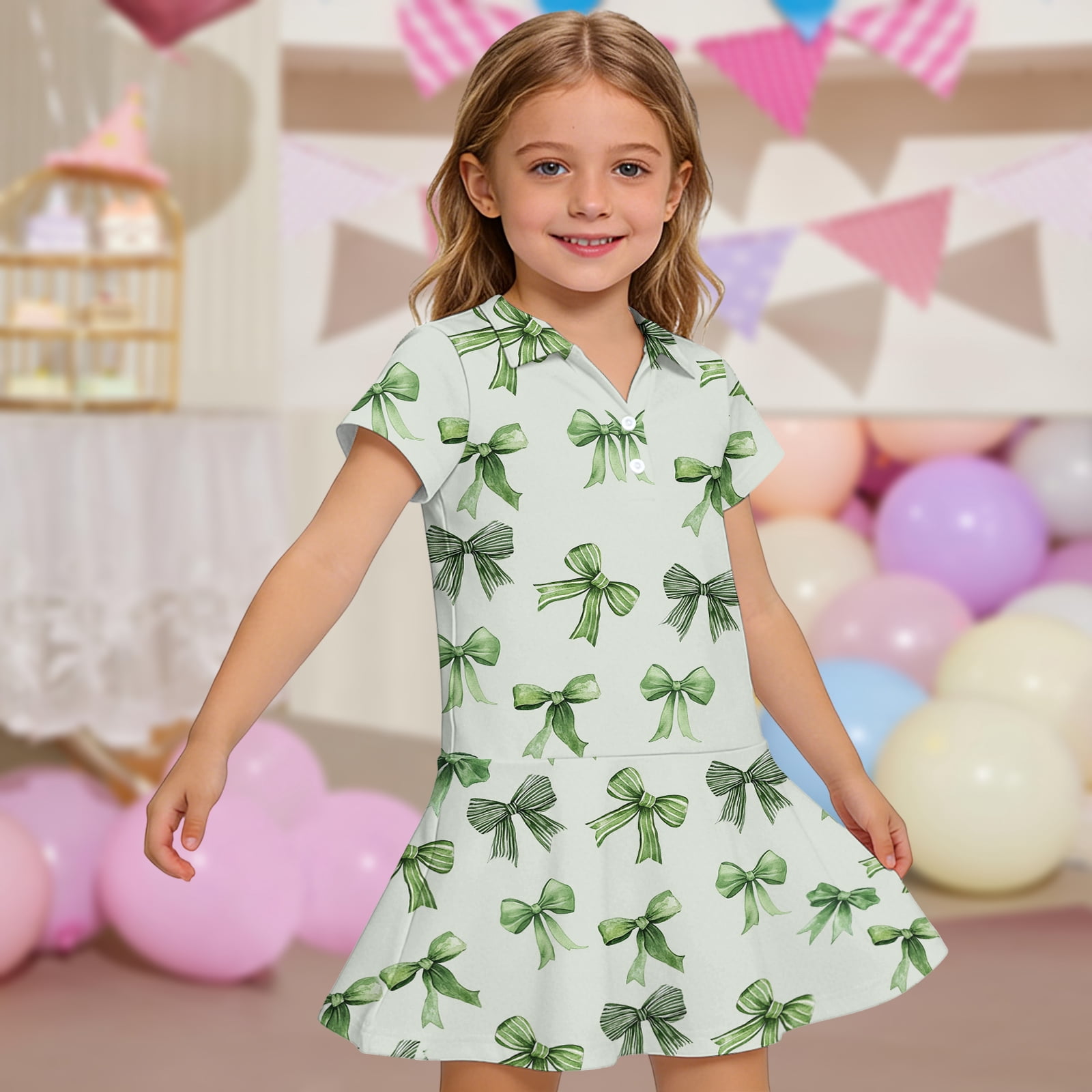 green polo dress girls Ccrftgi Size 6-7 Short Sleeve School Uniform Cute Bow Print Pleated Flare Skater Polo Dresses Summer Button Collared Pique Polo Dress Pique polo