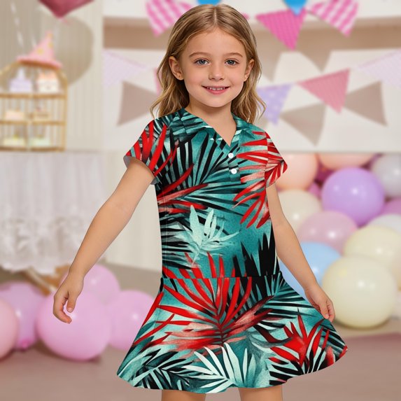 CCRFTGI Polo Dress for Kids Girls Size 7 Back To School Short Sleeve Uniform Cute Hawaiian Tropic Pleated Flare Skater Polo Dresses Summer Button-Down Collar Pique Polo Dress Army Green 3-4 Years