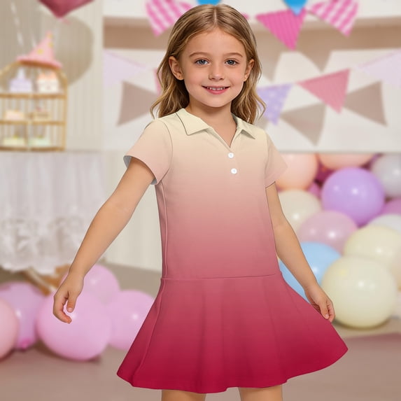 CCRFTGI Polo Dress for Kids Girls Size 7 Short Sleeve Uniform Cute Gradient Pleated Flare Skater Polo Dresses Back To School Summer Button Collared Picque Polo Dress Watermelon Red 11-12 Years