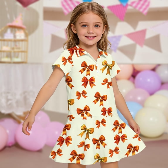 CCRFTGI Polo Dress for Kids Girls Size 8 Short Sleeve School Uniform Cute Bow Print Pleated Flare Skater Polo Dresses Back To School Summer Button-Down Collar Picque Polo Dress Orange 5-6 Years