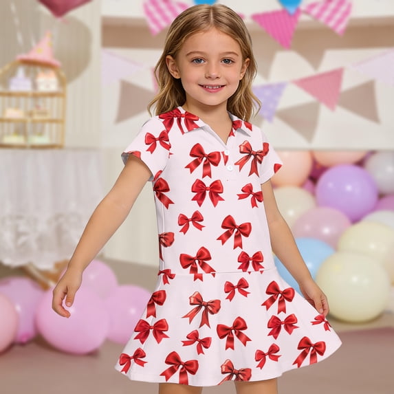 CCRFTGI Polo Dresses for Kids Girls Size 10-12 School Uniform Casual Bowknot Print Pleated Flare Skater Polo Dresses Back To School Summer Button-Down Collar Pique Polo Dress Hot Pink 9-10 Years