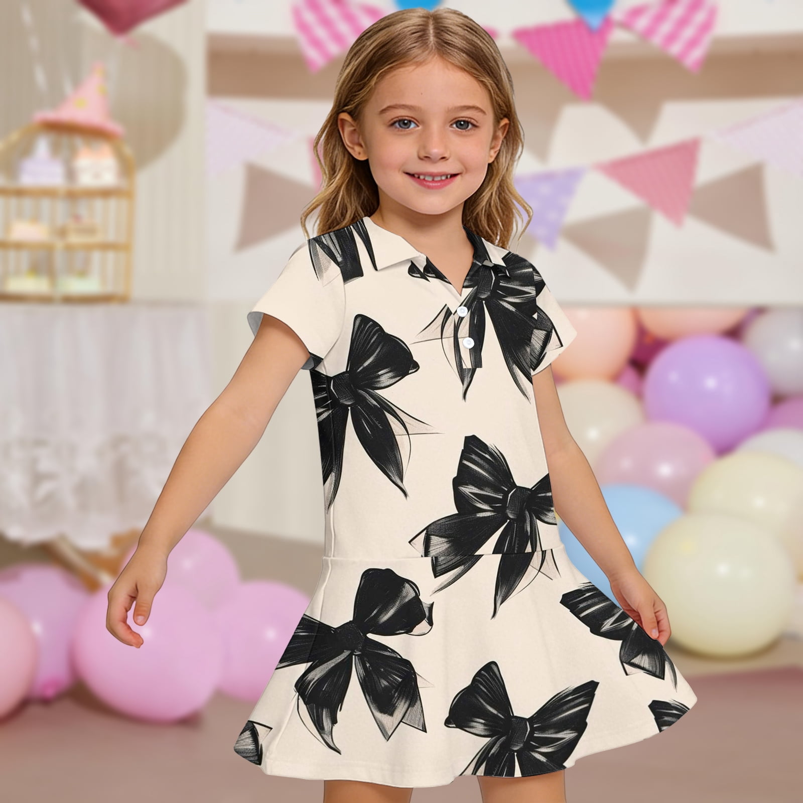 CCRFTGI Polo Dresses for Kids Girls Size 10-12 Short Sleeve School Uniform Cute Bow Print Pleated Flare Skater Polo Dresses Summer Button-Down Collar Picque Polo Dress Beige 9-10 Years