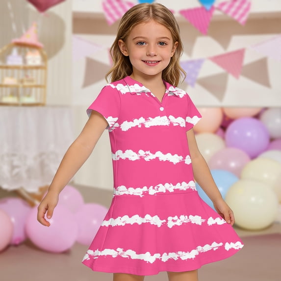 CCRFTGI Polo Dresses for Kids Girls Size 6-7 Short Sleeve Uniform Casual Striped Pleated Flare Skater Polo Dresses Back To School Summer Button-Down Collar Picque Polo Dress Hot Pink 5-6 Years