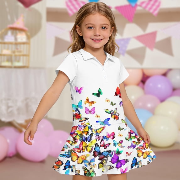 CCRFTGI Polo Dresses for Kids Girls Size 8 Short Sleeve Uniform Cute Floral Print Pleated Flare Skater Polo Dresses Back To School Summer Button-Down Collar Pique Polo Dress White 3-4 Years