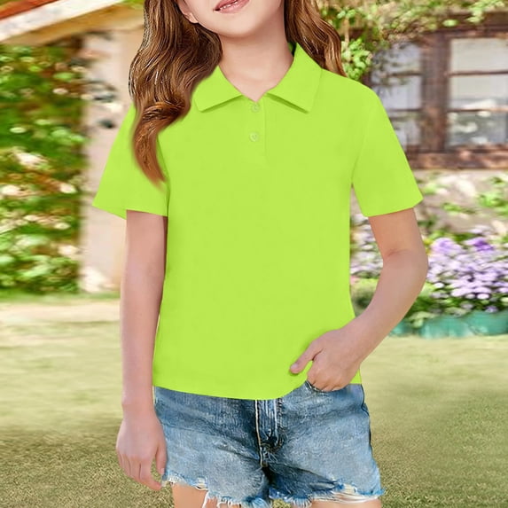 CCRFTGI Polo Shirt for Kids Girls Size 7 Back To School Classic Fit Wicking Performance Uniform Pique Golf Short Sleeve Polo Soft Button Closure girls uniform shirts Fluorescent Green 11-12 Years