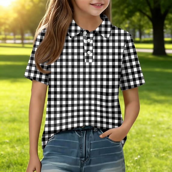 CCRFTGI Polo Shirts for Kids Girls Size 10-12 Plaid Shirt Polo Shirts Uniform Summer Tops Athletic Tennis Lapel Button Collared Polo Short Sleeve Cute Tops Black 12-13 Years