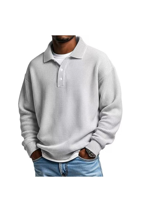 Polo Shirts for Men Big and Tall Waffle Knit V Neck Collared Sweatshirts Comfy Button Textured Shirts Golf Long Sleeve Fall Spring Pullovers White 4XL