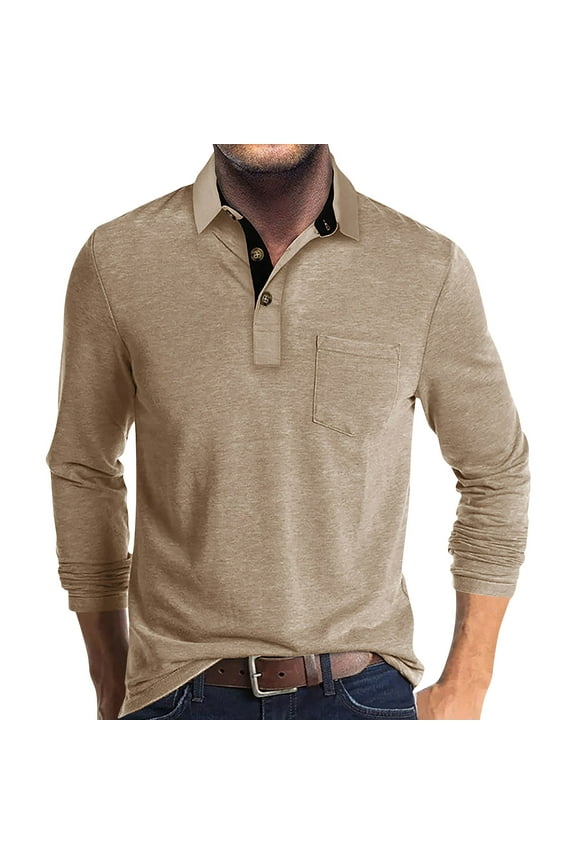 Polo Shirts for Men Long Sleeve Shirt Fashion Casual Lapel Collar Pullover Tops Dress Button Down Tee Shirts Basic Solid Color Sweaters with Pocket Beige L