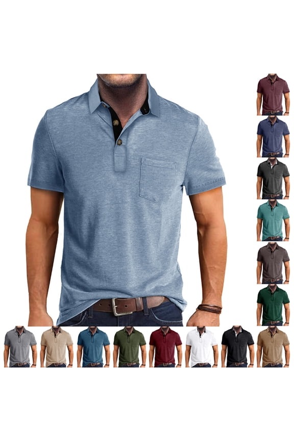 Polo Shirts for Men Short Sleeve Shirt Casual Collared Pullover Tops Classic Button Down T-Shirt Basic Solid Color Mens Shirts with Pocket Light Blue L