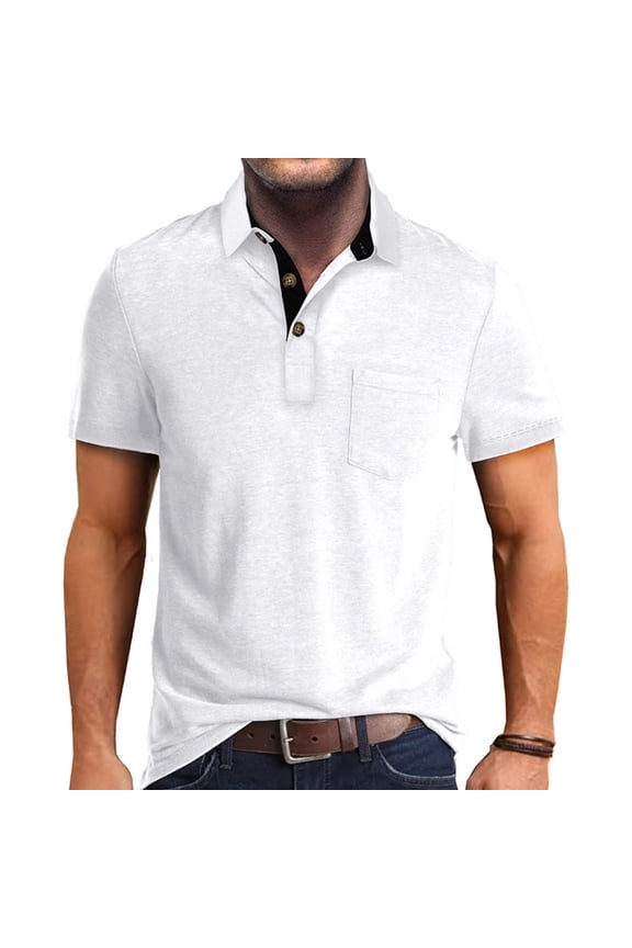 Polo Shirts for Men Short Sleeve Shirt Casual Collared Pullover Tops Classic Button Down T-Shirt Basic Solid Color Mens Shirts with Pocket White M
