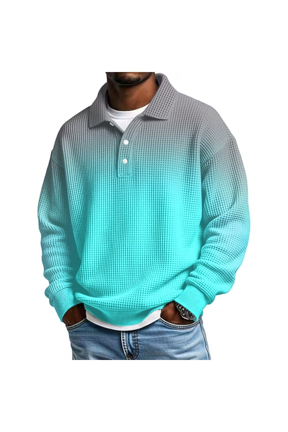 Polo Shirts for Men Big and Tall Waffle V-Neck Collared Blouse Loose Fit Quarter Button Shirts Golf Long Sleeve Spring Day Pullovers Cyan XL