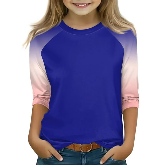 CCRFTGI Royal Blue Shirts for Boys 2025 Summer Raglan 3/4 Sleeve Crew Neck Shirts Cute Gradient Tops Going Out Lightweight Tops & Blouses,Royal Blue 6-7 Years