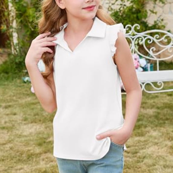 CCRFTGI Ruffle Short Sleeve Golf Shirts for Kids Girls Size 7 Back To School Summer Girls Clothes V-Neck Collared Quick Dry Golf Shirts Blouses Golf Tennis Uniform Shirts for Girls White 7-8 Years