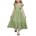 thumbnail image 1 of CCRFTGI Ruffle Sleeve Dresses for Child Girls Size 10-12 Basic Tie Back Square Neck Summer A Line Swing Flowy Dress Cute Beach Holiday Girls Party Dresses Light Green 11-12 Years, 1 of 3