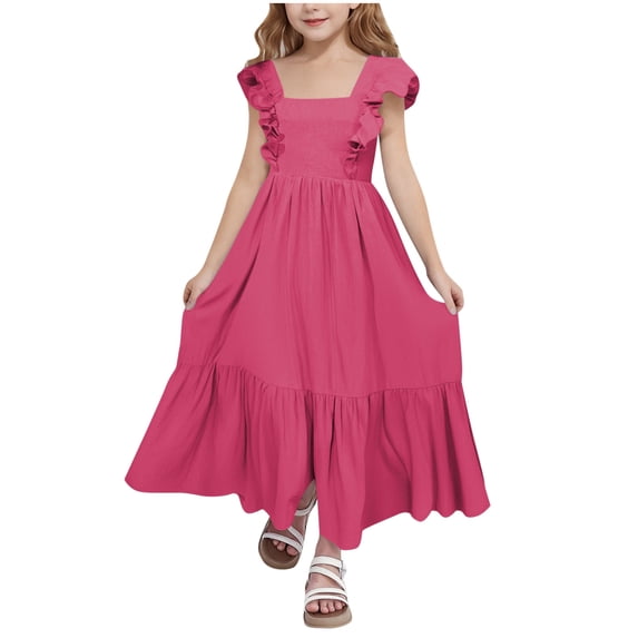 CCRFTGI Ruffle Sleeve Dresses for Kids Girls 7-8 Casual Tie Back Spring Summer A Line Swing Flowy Dress Square Neck Beach Holiday Girls Party Dresses Hot Pink 7-8 Years