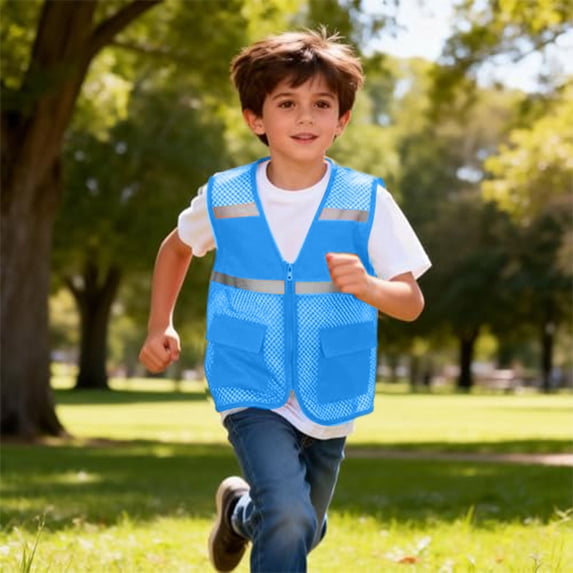 CCRFTGI Safety Vest for Kids Boys Girls Size 10-12 High Visibility Reflective Strips Jacket Sleeveless Zipper Up Mesh Breathable Outdoor Activities Cycling Walk Vest Light Blue 11-12 Years